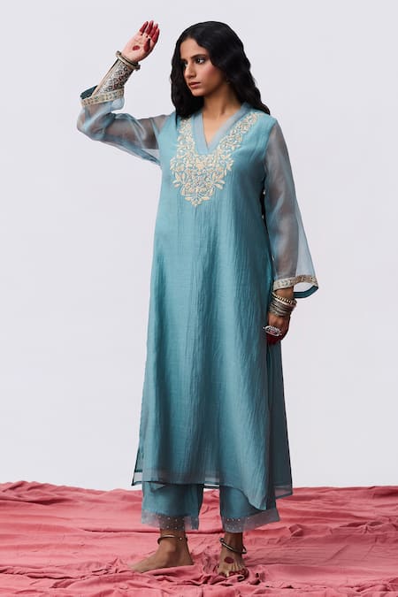 Buy Pants And Pajamas Blue Cotton, Silk Embroidery Round Neck Kurta And Pant Set Online at Aza Fashions Buy_Pants And Pajamas_Blue Cotton, Silk Embroidery Round Neck Kurta And Pant Set _Online_at_Aza_Fashions