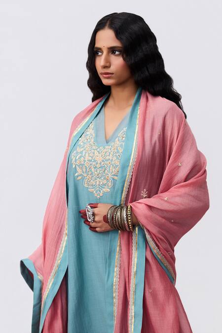 Shop Pants And Pajamas Blue Cotton, Silk Embroidery Round Neck Kurta And Pant Set Online at Aza Fashions Shop_Pants And Pajamas_Blue Cotton, Silk Embroidery Round Neck Kurta And Pant Set _Online_at_Aza_Fashions
