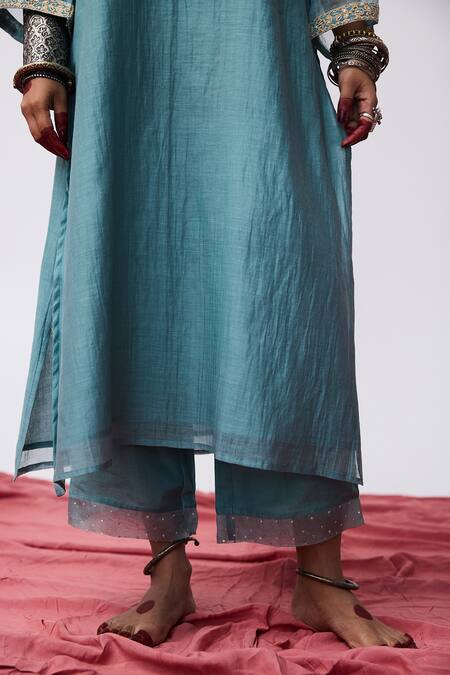 Buy Pants And Pajamas Blue Cotton, Silk Embroidery Round Neck Kurta And Pant Set Buy_Pants And Pajamas_Blue Cotton, Silk Embroidery Round Neck Kurta And Pant Set