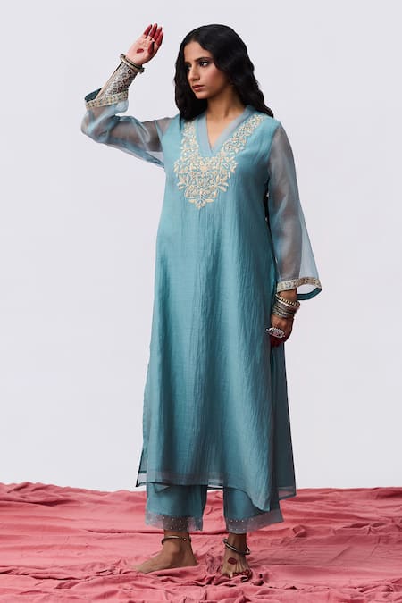 Pants And Pajamas Blue Chanderi Embroidery V-neck Designer Kurta Online at Aza Fashions Pants And Pajamas_Blue Chanderi Embroidery V-neck Designer Kurta _Online_at_Aza_Fashions