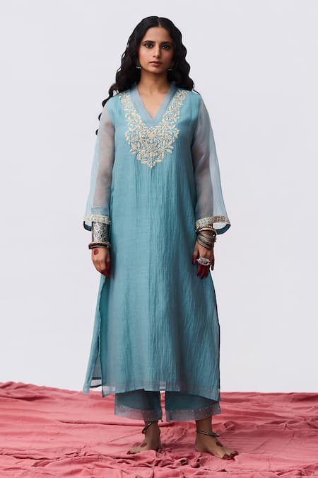 Pants And Pajamas Blue Chanderi Embroidery V-neck Designer Kurta 