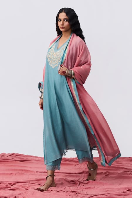 Buy Pants And Pajamas Blue Chanderi Embroidery V-neck Designer Kurta Online at Aza Fashions Buy_Pants And Pajamas_Blue Chanderi Embroidery V-neck Designer Kurta _Online_at_Aza_Fashions