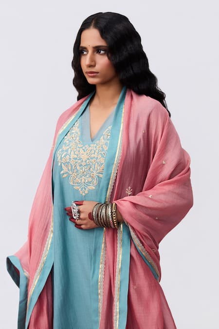 Pants And Pajamas Blue Chanderi Embroidery V-neck Designer Kurta at Aza Fashions Pants And Pajamas_Blue Chanderi Embroidery V-neck Designer Kurta _at_Aza_Fashions