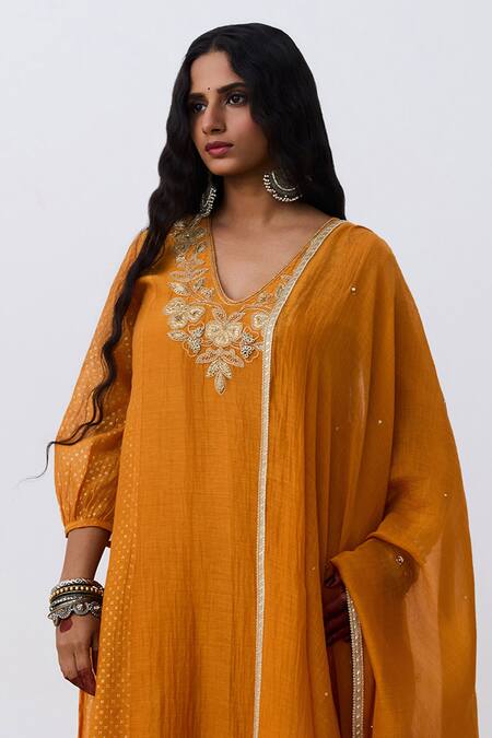 Pants And Pajamas Orange Cotton, Silk, Chanderi Embroidery V-neck Kurta Pant Set Online at Aza Fashions Pants And Pajamas_Orange Cotton, Silk, Chanderi Embroidery V-neck Kurta Pant Set _Online_at_Aza_Fashions