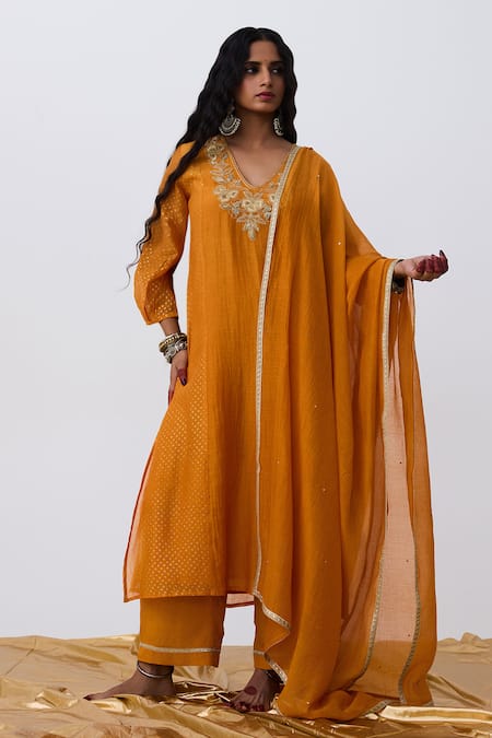 Pants And Pajamas Embroidered Orange Kurta Pant Set 