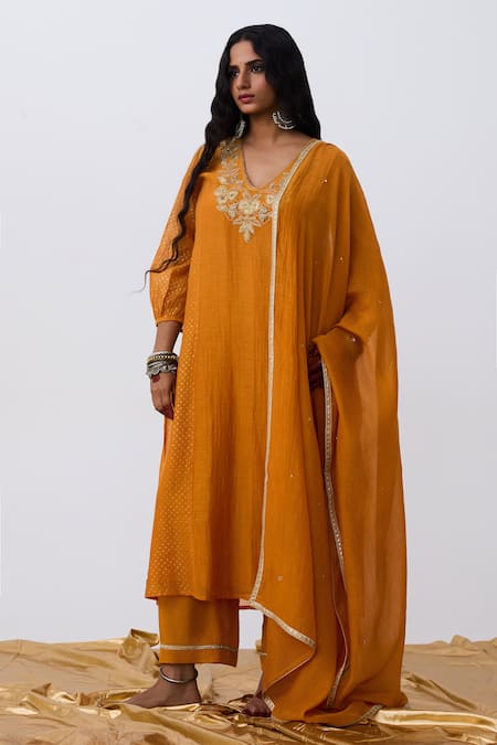 Buy Pants And Pajamas Orange Cotton, Silk, Chanderi Embroidery V-neck Kurta Pant Set Online at Aza Fashions Buy_Pants And Pajamas_Orange Cotton, Silk, Chanderi Embroidery V-neck Kurta Pant Set _Online_at_Aza_Fashions