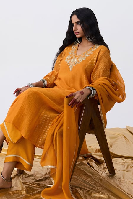 Pants And Pajamas Orange Cotton, Silk, Chanderi Embroidery V-neck Kurta Pant Set at Aza Fashions Pants And Pajamas_Orange Cotton, Silk, Chanderi Embroidery V-neck Kurta Pant Set _at_Aza_Fashions