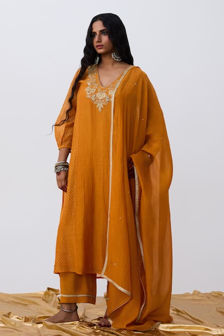 Pants And Pajamas Embroidered Orange Kurta 