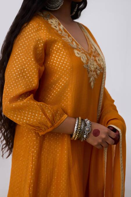 Pants And Pajamas_Orange Chanderi Embroidery V-neck Kurta _Online_at_Aza_Fashions