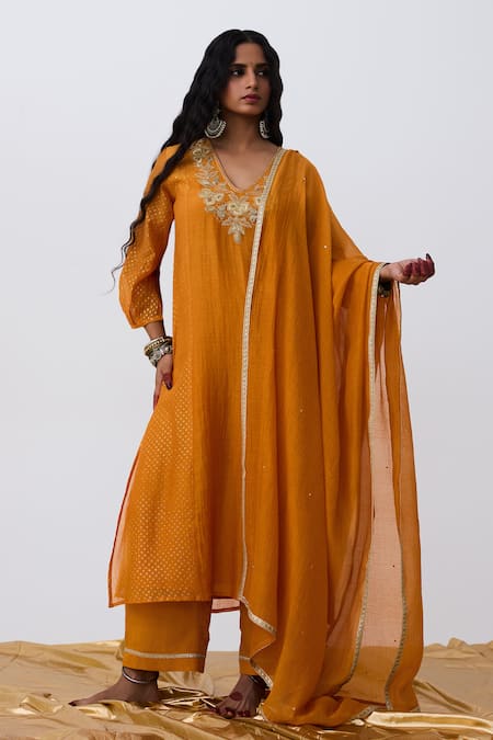 Buy_Pants And Pajamas_Orange Chanderi Embroidery V-neck Kurta _Online_at_Aza_Fashions