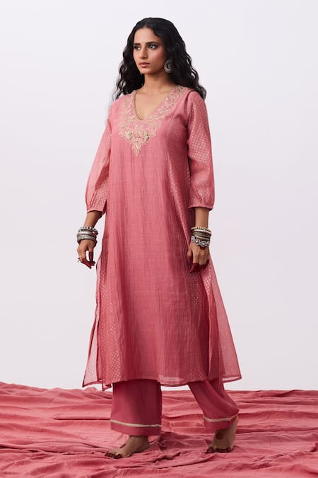 Pants And Pajamas_Pink Cotton, Silk, Chanderi Embroidery V-neck Kurta Pant Set _Online_at_Aza_Fashions