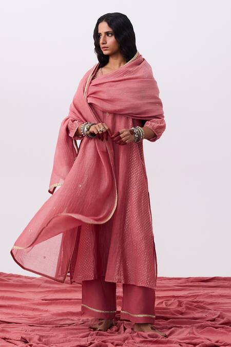 Buy_Pants And Pajamas_Pink Cotton, Silk, Chanderi Embroidery V-neck Kurta Pant Set _Online_at_Aza_Fashions