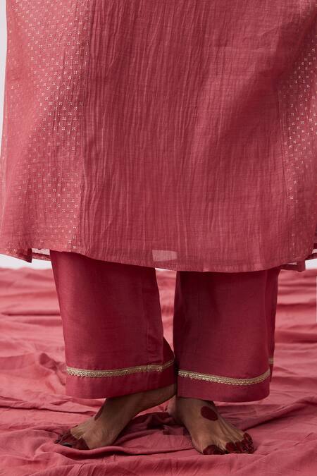 Shop_Pants And Pajamas_Pink Cotton, Silk, Chanderi Embroidery V-neck Kurta Pant Set _Online_at_Aza_Fashions