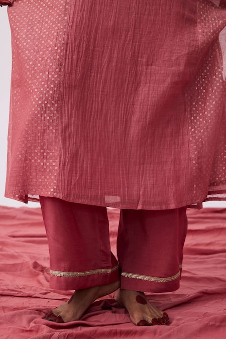 Pants And Pajamas Pink Cotton, Silk Embroidery V-neck Kurta And Pant Set Online at Aza Fashions Pants And Pajamas_Pink Cotton, Silk Embroidery V-neck Kurta And Pant Set _Online_at_Aza_Fashions