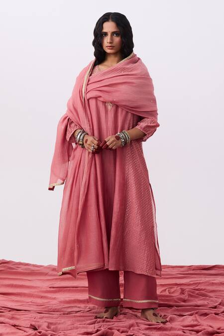 Buy Pants And Pajamas Pink Cotton, Silk Embroidery V-neck Kurta And Pant Set Buy_Pants And Pajamas_Pink Cotton, Silk Embroidery V-neck Kurta And Pant Set
