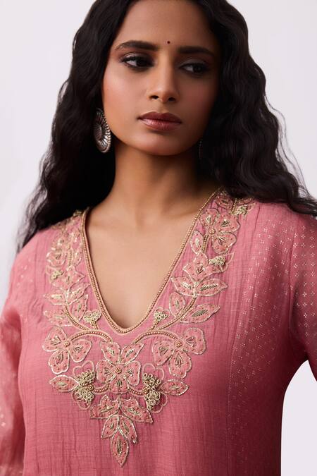 Buy Pants And Pajamas Pink Chanderi Embroidery V-neck Kurta Buy_Pants And Pajamas_Pink Chanderi Embroidery V-neck Kurta