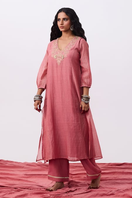 Pants And Pajamas Pink Cotton, Silk Embroidered Pant 