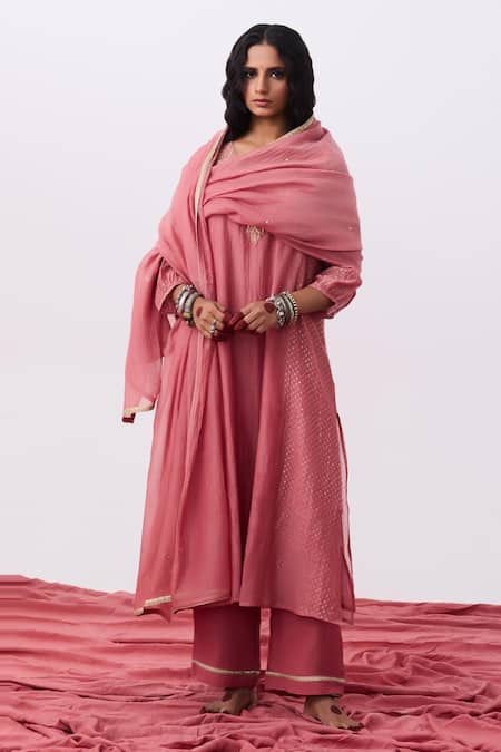 Pants And Pajamas Pink Chanderi Embroidered Dupatta 