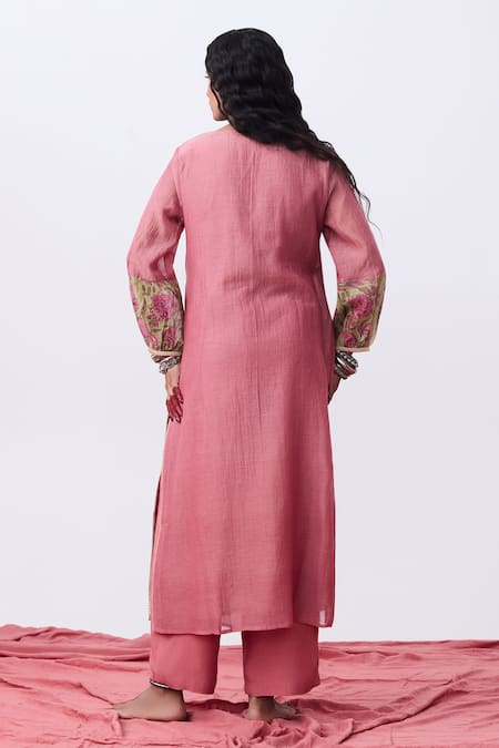Pants And Pajamas Embroidered Pink Kurta Set 