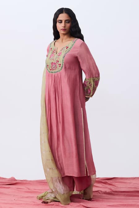 Pants And Pajamas_Pink Cotton, Silk, Chanderi Embroidery Split V-neck Kurta Set _Online_at_Aza_Fashions