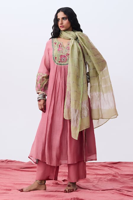 Buy_Pants And Pajamas_Pink Cotton, Silk, Chanderi Embroidery Split V-neck Kurta Set _Online_at_Aza_Fashions