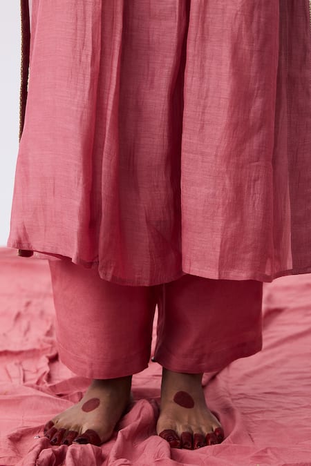 Shop_Pants And Pajamas_Pink Cotton, Silk, Chanderi Embroidery Split V-neck Kurta Set _Online_at_Aza_Fashions