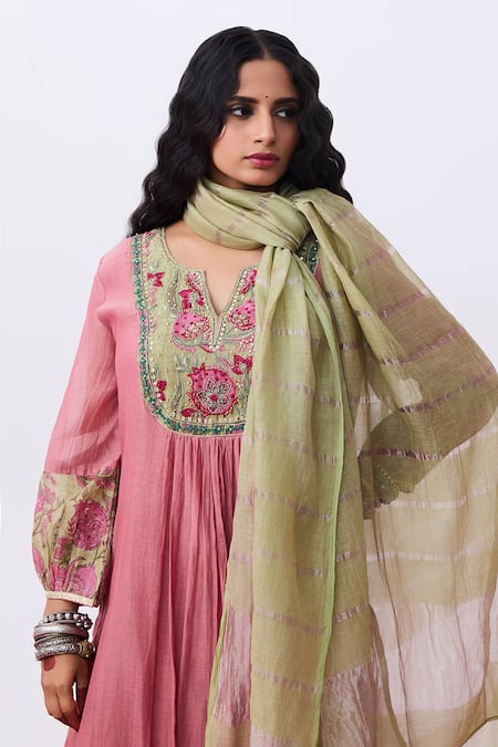 Pants And Pajamas_Pink Cotton, Silk, Chanderi Embroidery Split V-neck Kurta Set _at_Aza_Fashions