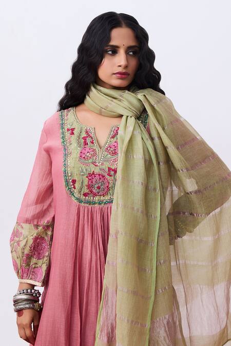 Buy_Pants And Pajamas_Pink Cotton, Silk Embroidery Split V-neck Kurta And Pant Set _Online_at_Aza_Fashions
