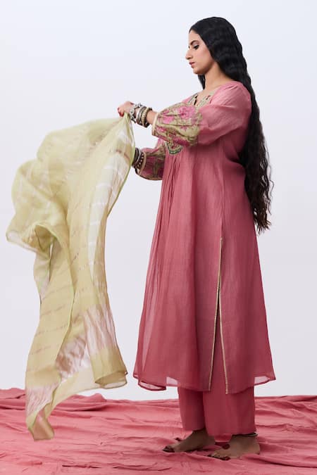 Shop_Pants And Pajamas_Pink Cotton, Silk Embroidery Split V-neck Kurta And Pant Set _Online_at_Aza_Fashions