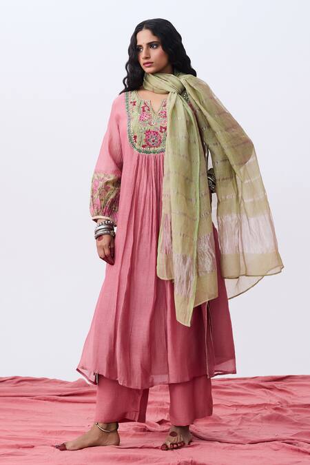 Pants And Pajamas_Pink Cotton, Silk Embroidery Split V-neck Kurta And Pant Set _at_Aza_Fashions