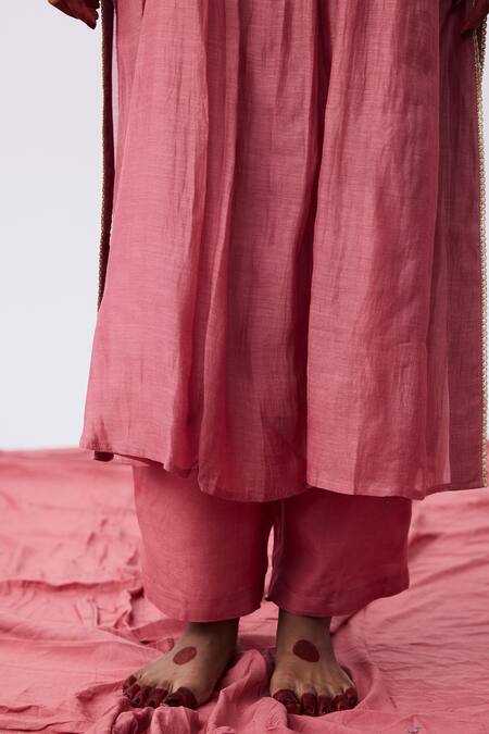 Buy_Pants And Pajamas_Pink Cotton, Silk Embroidery Split V-neck Kurta And Pant Set 