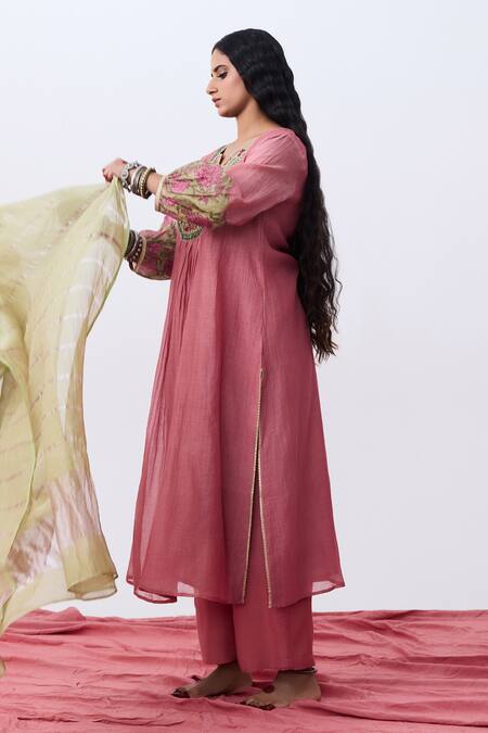 Pants And Pajamas Pink Chanderi Embroidery Split V-neck Kurta Online at Aza Fashions Pants And Pajamas_Pink Chanderi Embroidery Split V-neck Kurta _Online_at_Aza_Fashions