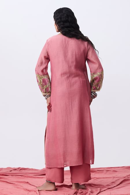 Pants And Pajamas Pink Chanderi Embroidered Kurta 
