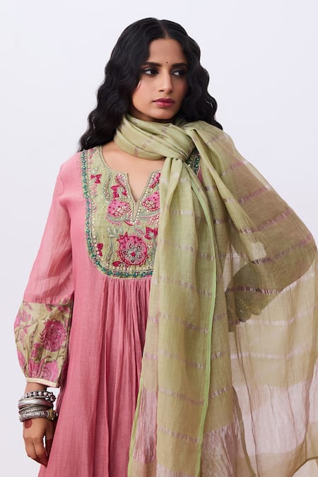 Pants And Pajamas Pink Chanderi Embroidery Split V-neck Kurta at Aza Fashions Pants And Pajamas_Pink Chanderi Embroidery Split V-neck Kurta _at_Aza_Fashions