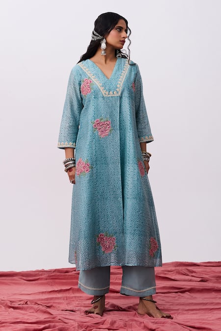 Buy_Pants And Pajamas_Blue Cotton, Acrylic, Silk, Chanderi Embroidery Split V-neck Kurta Pant Set _Online_at_Aza_Fashions