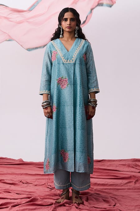 Buy Pants And Pajamas Blue Cotton, Silk Embroidery V-neck Kurta Pant Set Online at Aza Fashions Buy_Pants And Pajamas_Blue Cotton, Silk Embroidery V-neck Kurta Pant Set _Online_at_Aza_Fashions