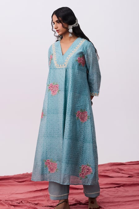 Pants And Pajamas Blue Embroidered Kurta Pant Set 
