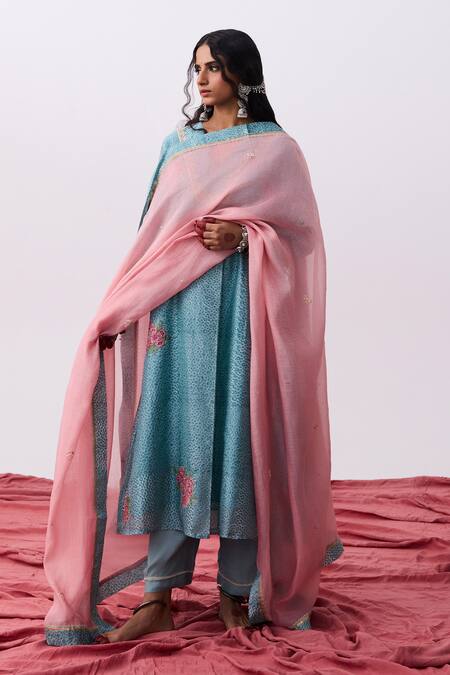 Pants And Pajamas Blue Chanderi Embroidery V-neck Kurta Online at Aza Fashions Pants And Pajamas_Blue Chanderi Embroidery V-neck Kurta _Online_at_Aza_Fashions