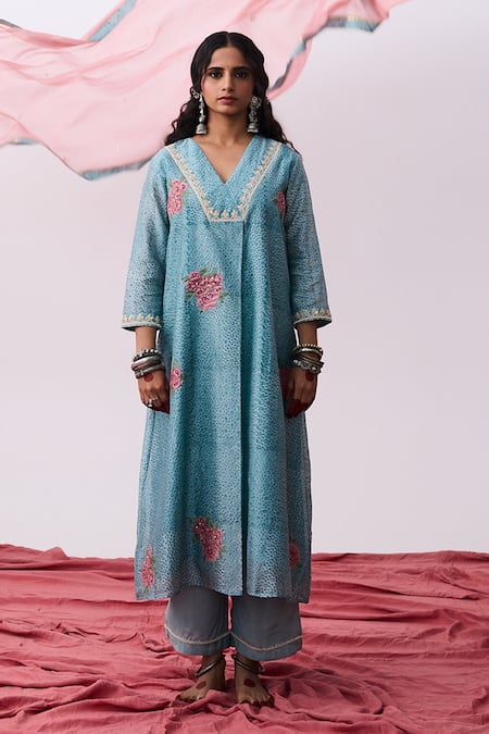 Pants And Pajamas Embroidered Blue Chanderi Kurta 