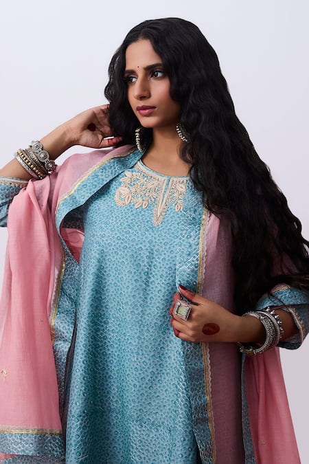 Shop_Pants And Pajamas_Blue Cotton, Silk, Chanderi Embroidery Round Neck Designer Kurta Pant Set _Online_at_Aza_Fashions