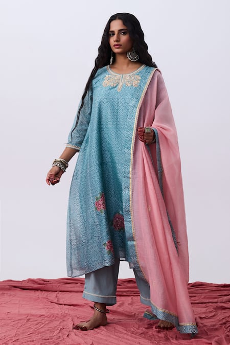 Pants And Pajamas Blue Cotton, Silk Round Neck Kurta Pant Set 