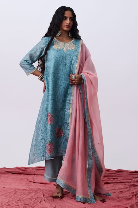 Pants And Pajamas Blue Cotton, Silk Round Neck Kurta Pant Set Online at Aza Fashions Pants And Pajamas_Blue Cotton, Silk Round Neck Kurta Pant Set _Online_at_Aza_Fashions