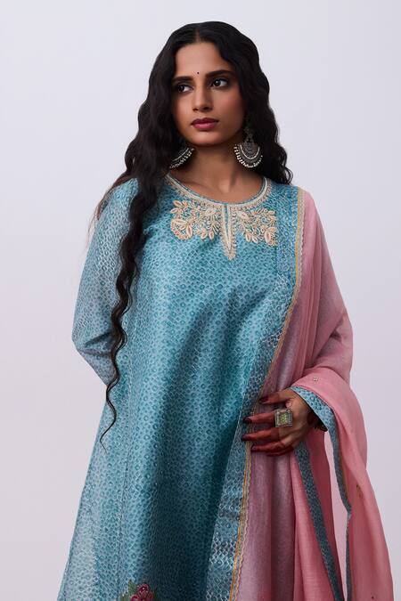 Shop Pants And Pajamas Blue Cotton, Silk Round Neck Kurta Pant Set Online at Aza Fashions Shop_Pants And Pajamas_Blue Cotton, Silk Round Neck Kurta Pant Set _Online_at_Aza_Fashions