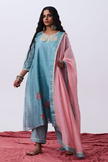 Pants And Pajamas Blue Chanderi Embroidery Round Neck Floral Kurta 
