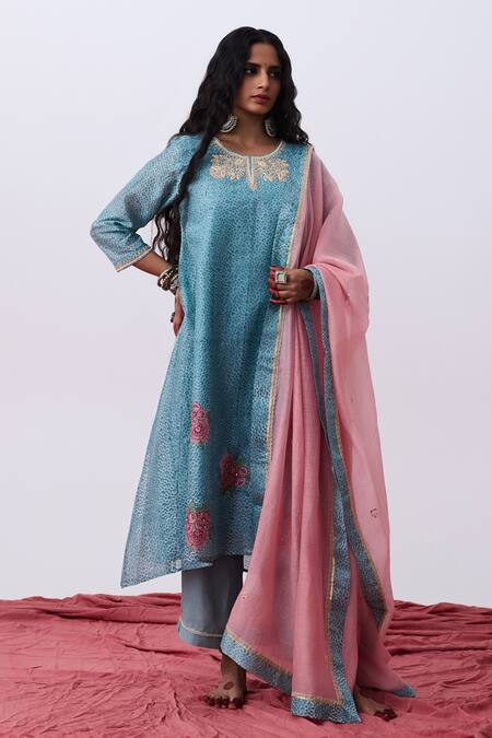 Pants And Pajamas Blue Chanderi Embroidery Round Neck Floral Kurta Online at Aza Fashions Pants And Pajamas_Blue Chanderi Embroidery Round Neck Floral Kurta _Online_at_Aza_Fashions