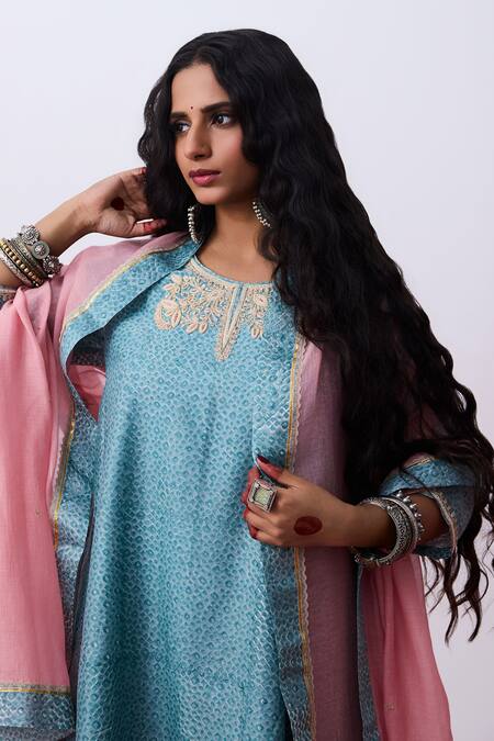 Buy Pants And Pajamas Blue Chanderi Embroidery Round Neck Floral Kurta Online at Aza Fashions Buy_Pants And Pajamas_Blue Chanderi Embroidery Round Neck Floral Kurta _Online_at_Aza_Fashions