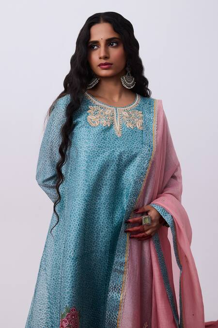 Shop Pants And Pajamas Blue Chanderi Embroidery Round Neck Floral Kurta Online at Aza Fashions Shop_Pants And Pajamas_Blue Chanderi Embroidery Round Neck Floral Kurta _Online_at_Aza_Fashions