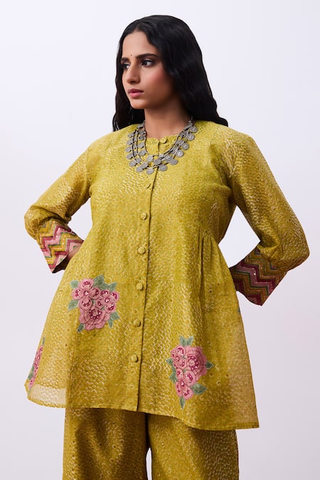 Buy Pants And Pajamas Green Chanderi Embroidery Round Neck Floral Top And Pant Set Buy_Pants And Pajamas_Green Chanderi Embroidery Round Neck Floral Top And Pant Set