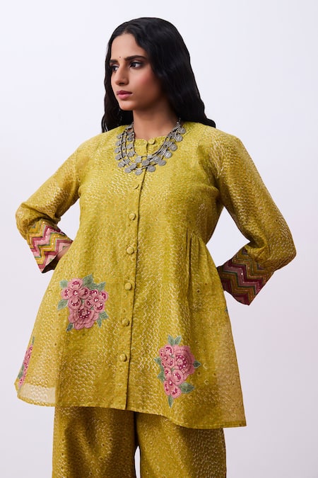 Pants And Pajamas Green Embroidery Round Neck Tunic Set
