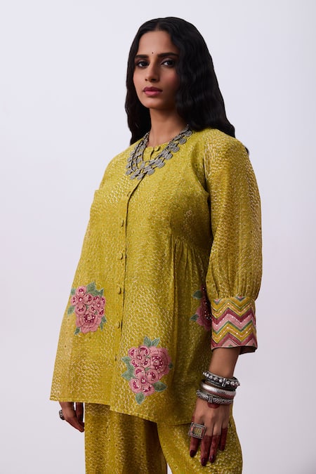 Pants And Pajamas Green Embroidery Round Neck Tunic Set at Aza Fashions Pants And Pajamas_Green Embroidery Round Neck Tunic Set _at_Aza_Fashions